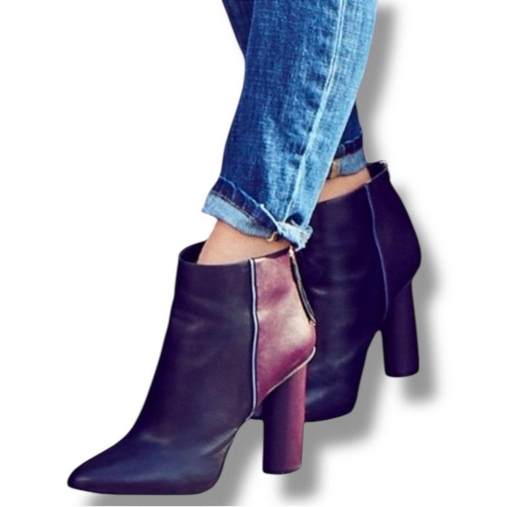 CAbi Bisset Leather Ankle Boot Black Vino Two Tone Side Zip High Block Heel 8